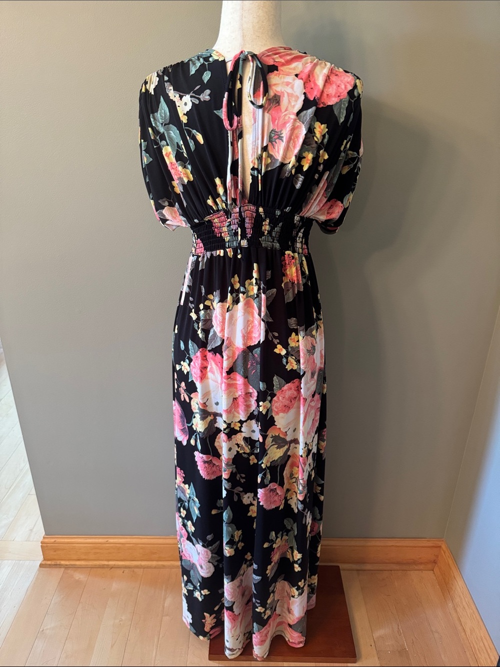 Emerald Black Maxi Dress with Pink, Coral & Green Floral Print Maternity - Picture 7 of 9